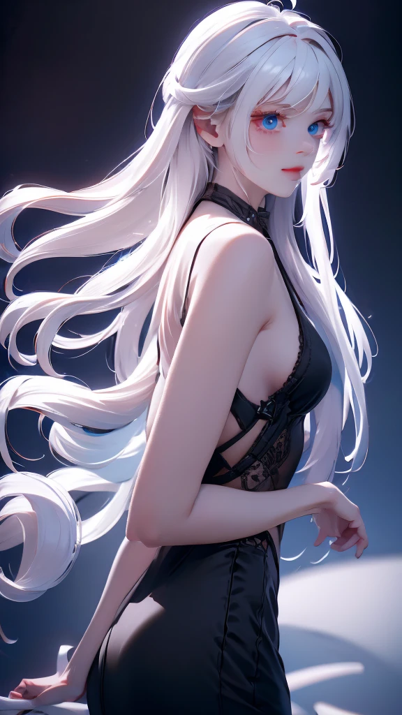 1 girl, medium light white hair, light blue eyes, wearing Black suit 4D , night city, absurdres , high res, ultrasharp, 8K, masterpiece, looking from behind