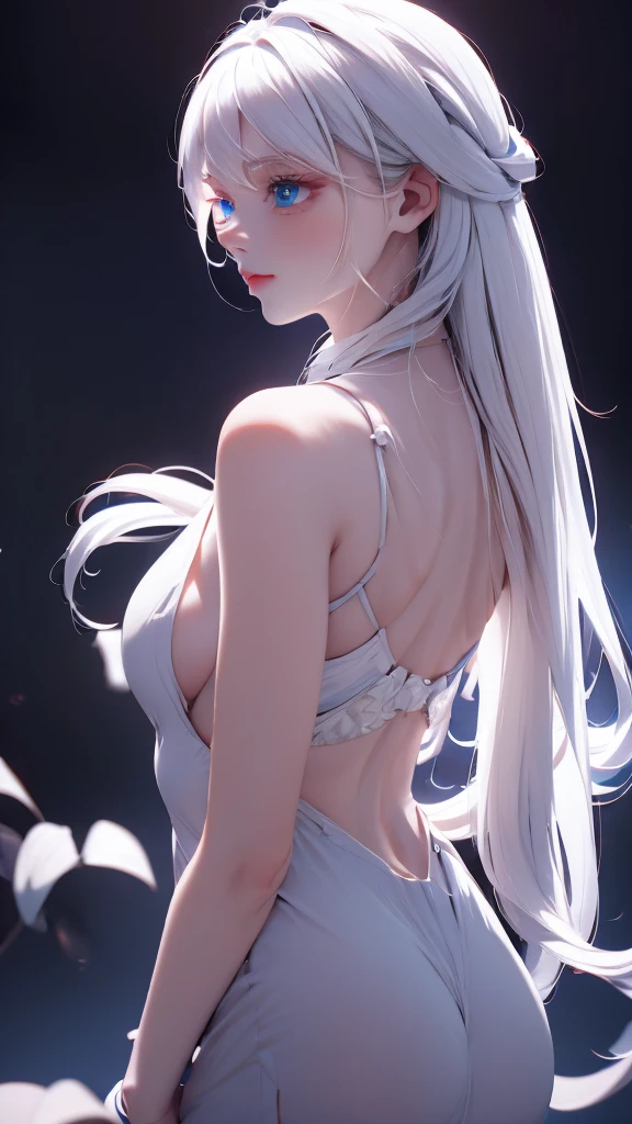 1 girl, medium light white hair, light blue eyes, wearing Black suit 4D , night city, absurdres , high res, ultrasharp, 8K, masterpiece, looking from behind