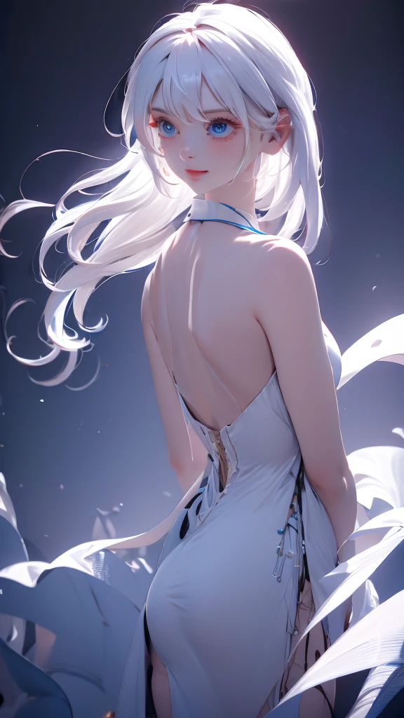 1 girl, medium light white hair, light blue eyes, wearing Black suit 4D , night city, absurdres , high res, ultrasharp, 8K, masterpiece, looking from behind