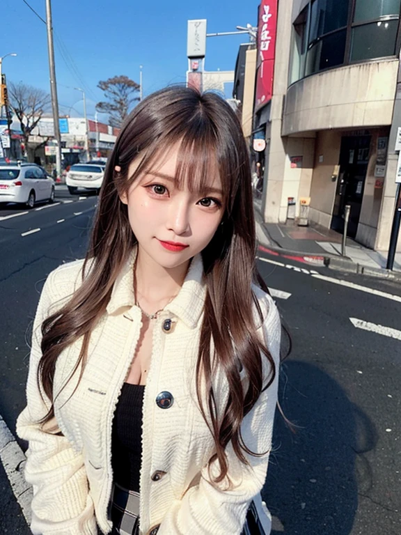 An exquisite masterpiece,(super high quality: 1.32), (Ultra-high resolution: 1.4), (Ultra-high resolution: 1.3), (CG Unity 8k Wallpaper: 1.2), (Detailed eyes and skin: 1.35), (Detailed facial features: 1.25), (Detailed eyes: 1.36), Full Body,Close-up of a woman standing on the road., (Textured skin: 1.26),Brown Hair,Long Hair,Wearing a black short jacket and black boots,Cute outfit,Wearing a pleated skirt, Street fashion in Japanese cities, Short skirts and short jackets, Anime, Tokyo Fashion, Japanese Street Fashion, Women's photos