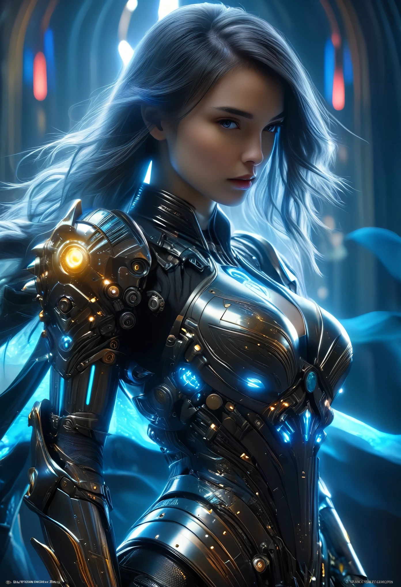 (Best Quality, 4K, 8K, High Resolution, Masterpiece: 1.2), (Super Detailed, Realistic, Photorealistic:1.37), A woman in futuristic clothing, (erotic and sexy:1.4), Trending on cgstation, Trending on cgstation, (Portrait of a girl in the Knights of the Zodiac:1.4), (blunt bangs:1.7), Cute Cyborg Girl, Perfect android girl, Portrait Astronaut Girl, Beautiful girl cyborg, Girl wearing black pale blue iridescent mechanical cyber armor, Game CG, cgsociety and fenghua zhong, Beautiful Cyborg Shrine Maiden, Bioluminescence, (Gal Gadot:0.6), Anatomically correct grip, Anatomically correct four fingers and one thumb, (long claws:1.4), erotic and sexy, A gorgeous cape with beautifully detailed embroidery, energy ball