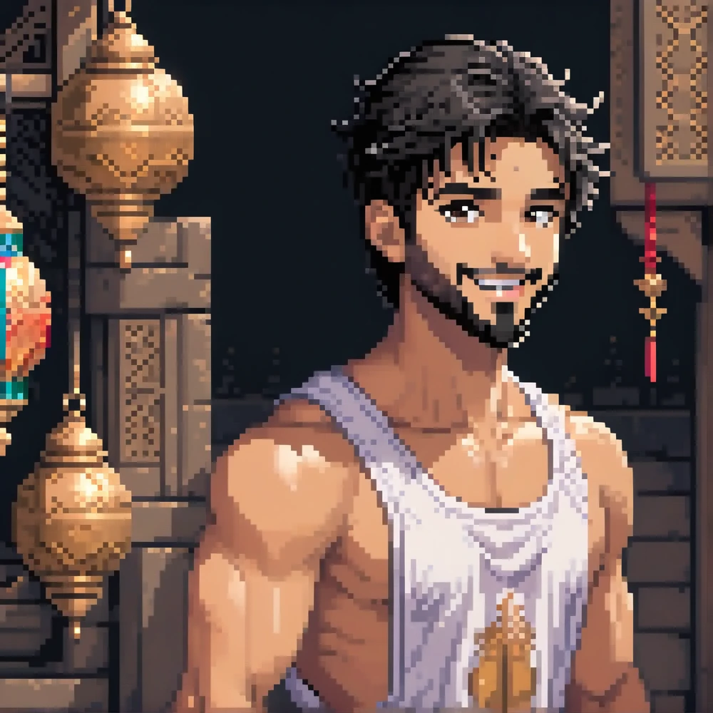 (Pixel art: 2.0), 1 man, 30 years old, Alladin, arab, no shirt, brown skin, short black hair, smiling, teeth visible, side view, visible lips and nose, browneyes, Black background, happy face