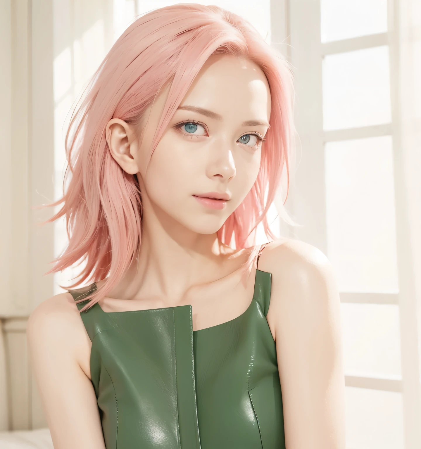 junior, Short pink hair, shoulder length, wide forehead, porcelain skin, pink eyebrows, Large, emerald green eyes, buttoned nose, full lips, Heart-Shaped Face, slim body, , Green leather army clothing, Sakura Haruno , realistic, realism, Details, 3d, in great detail.