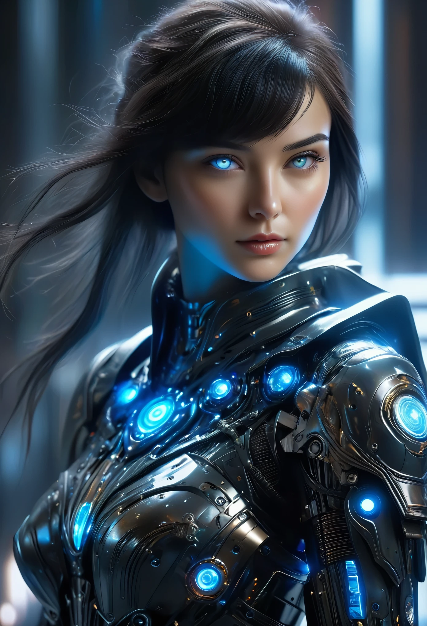 (Best Quality, 4K, 8K, High Resolution, Masterpiece: 1.2), (Super Detailed, Realistic, Photorealistic:1.37), A woman in futuristic clothing, (erotic and sexy:1.4), Trending on cgstation, Trending on cgstation, (Portrait of a girl in the Knights of the Zodiac:1.4), (blunt bangs:1.7), Cute Cyborg Girl, Perfect android girl, Portrait Astronaut Girl, Beautiful girl cyborg, Girl wearing black pale blue iridescent mechanical cyber armor, Game CG, cgsociety and fenghua zhong, Beautiful Cyborg Shrine Maiden, Bioluminescence, (Gal Gadot:0.6), Anatomically correct grip, Anatomically correct four fingers and one thumb, (long claws:1.4), erotic and sexy, A gorgeous cape with beautifully detailed embroidery, energy ball