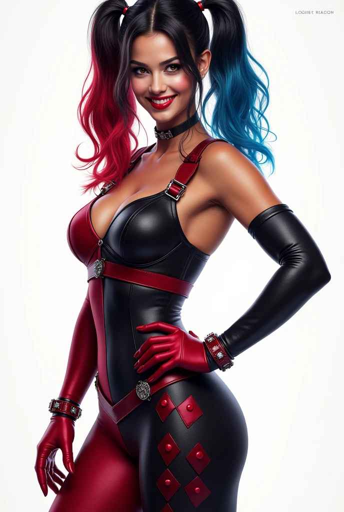 photograph of a kndahart, a sexy psycho babe (wearing harley quinn cosplay:1.2), insane smile, (cleavage pose), ominous mood, (highly detailed face, natural skin texture), artistic erotica, (r/nsfwcosplay, r/altgonewild, reddit, best aesthetic:1.3), best quality, masterpiece, absurdres, by arny freytag