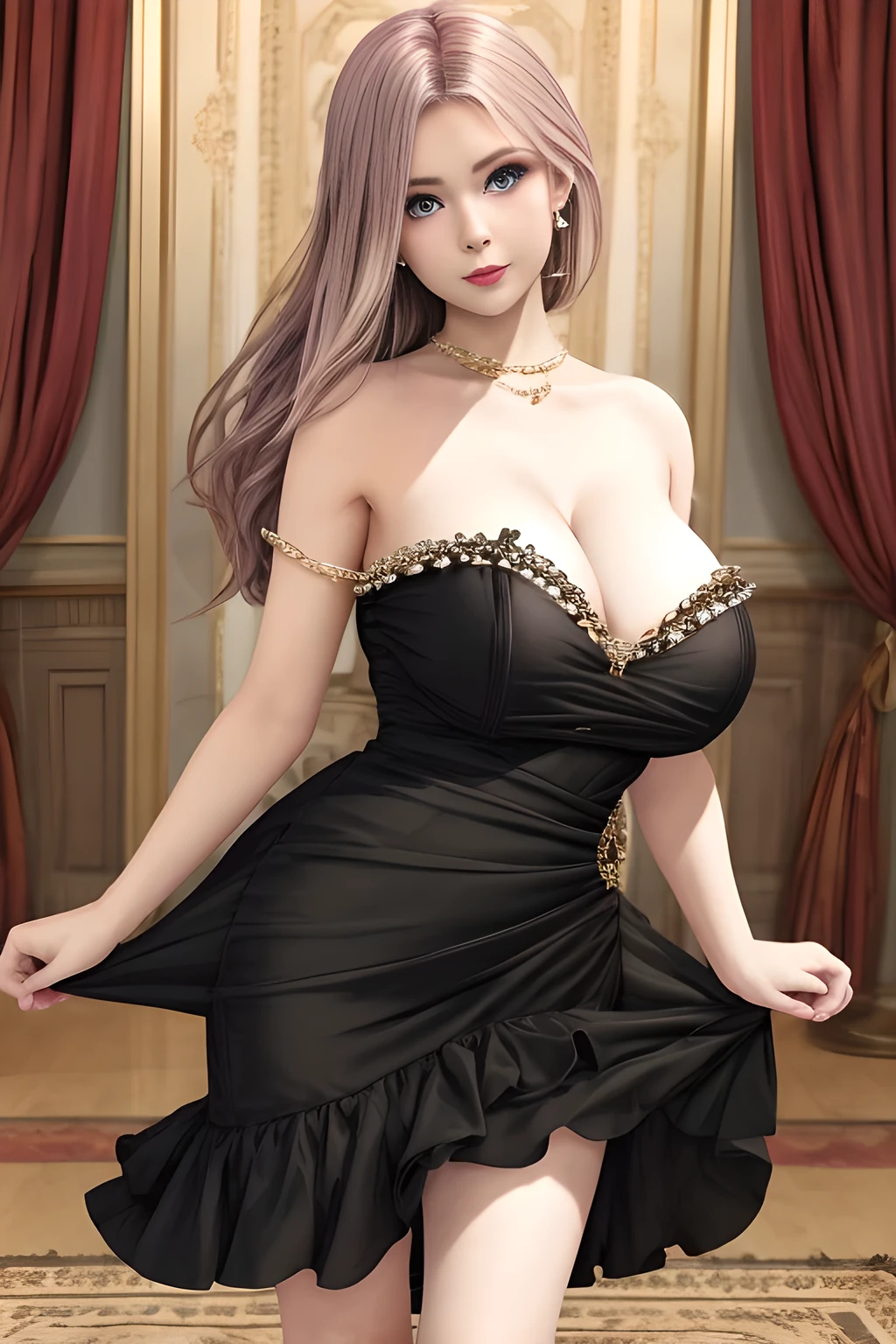 1girl ,flirtatious expression, wearing an elegant black strapless dress. The perspective-dress is beautifully designed with ruching on the bodice and a cascading ruffled asymmetrical hem, adding a playful and chic touch to the outfit. The person is standing upright, with one hand gently touching their leg and the other hand relaxed by their side. The background is plain and neutral, drawing attention to the dress itself. The lighting is soft, highlighting the details of the dress and creating a fashionable and stylish atmosphere,, huge breasts, elise