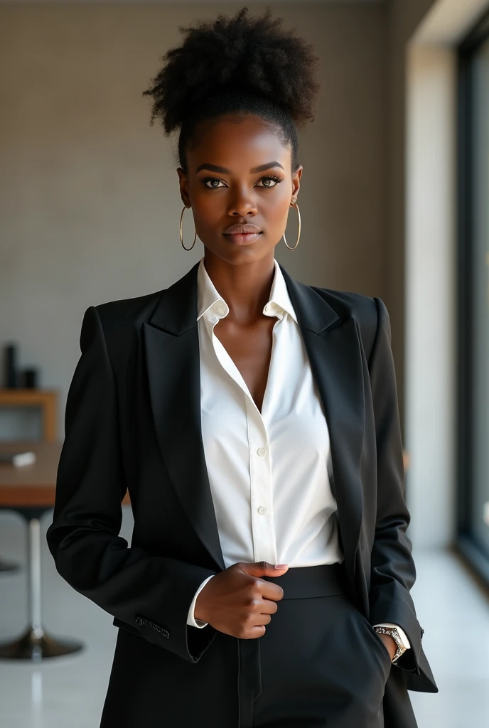A profession beautiful black lady wear a white shirt and a suit