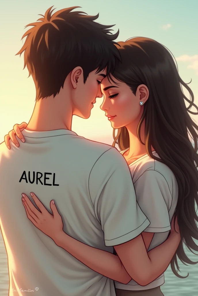 Lovers put their arms around each other's shoulders wearing white clothes , on tmen's shirt it says AUREL, on the women's shirt it says ANGGITA