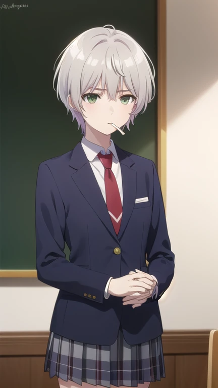 fuukakikuchi, fuuka kikuchi, short hair, bangs, hair between eyes, (green eyes:1.3), grey hair,
BREAK skirt, shirt, long sleeves, school uniform, jacket, white shirt, pleated skirt, necktie, collared shirt, plaid, plaid skirt, blazer, red necktie,
BREAK indoors, classroom,
BREAK looking at viewer,
BREAK (masterpiece:1.2), best quality, high resolution, unity 8k wallpaper, (illustration:0.8), (beautiful detailed eyes:1.6), extremely detailed face, perfect lighting, extremely detailed CG, (perfect hands, perfect anatomy),(Smoking a cigarette:1.3),A displeased expression, glaring at me