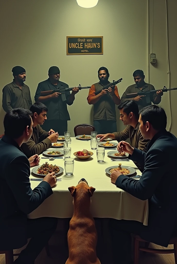   some gunmen pointing their guns to the dining table, in front of them the cameramen are pointing the cameras to the dining table, and 7 people are eating at the dining table, a bitch dog is sitting on the  chair at the end side of the table and he is sucking his pennis. On the wall written "হাউন আংকেলের হোটেল"।