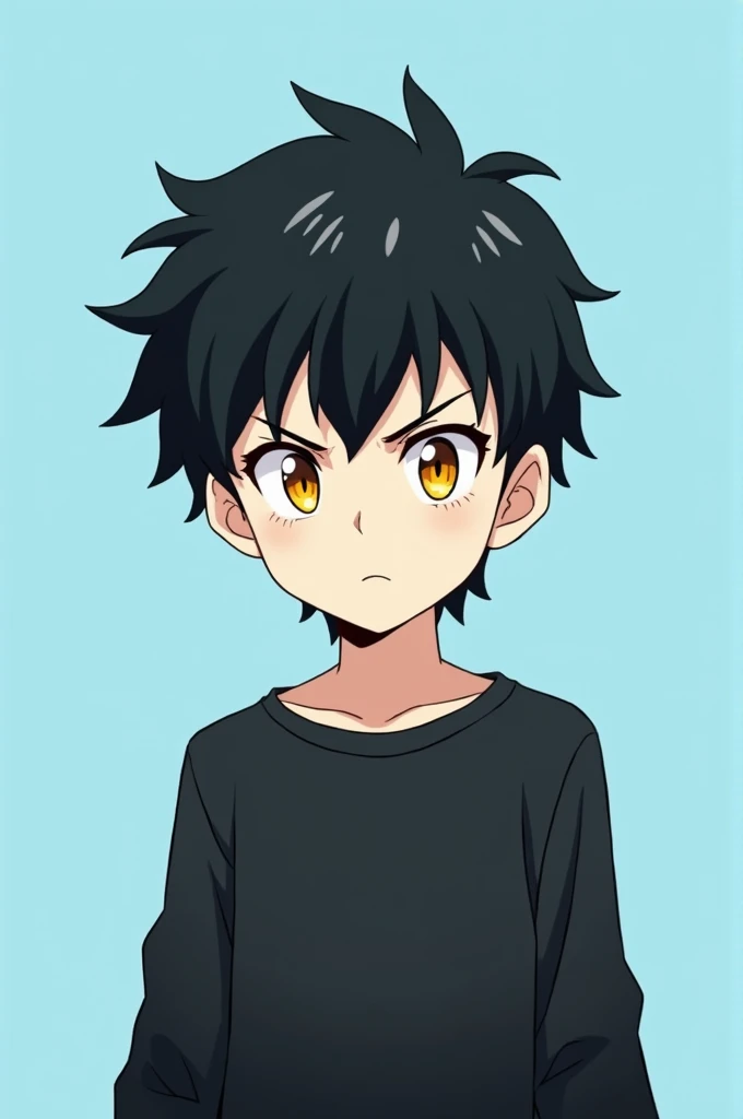 Xander is a young boy around 10 years old with a stern expression, his yellow eyes strikingly intense and glowing against his pale skin. His thick, wavy black hair is slightly tousled, giving him a rugged appearance. He wears a simple black shirt with long sleeves that match his serious demeanor. The background is a light blue, which contrasts with his dark clothing and hair, making his intense gaze the focal point of the image.
Simplist style, anime, no shadows, no outline.