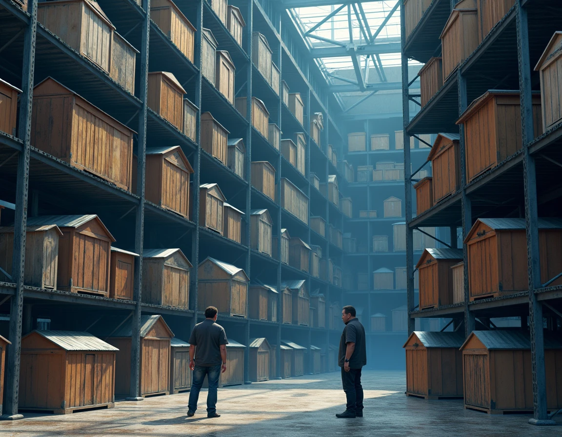Two  wooden shed, with different species and types of wooden boards, stored on enormous metal shelves. One man points to one of the shelves and the other looks intently. The shed has no roof. The main colors in the image should include blues