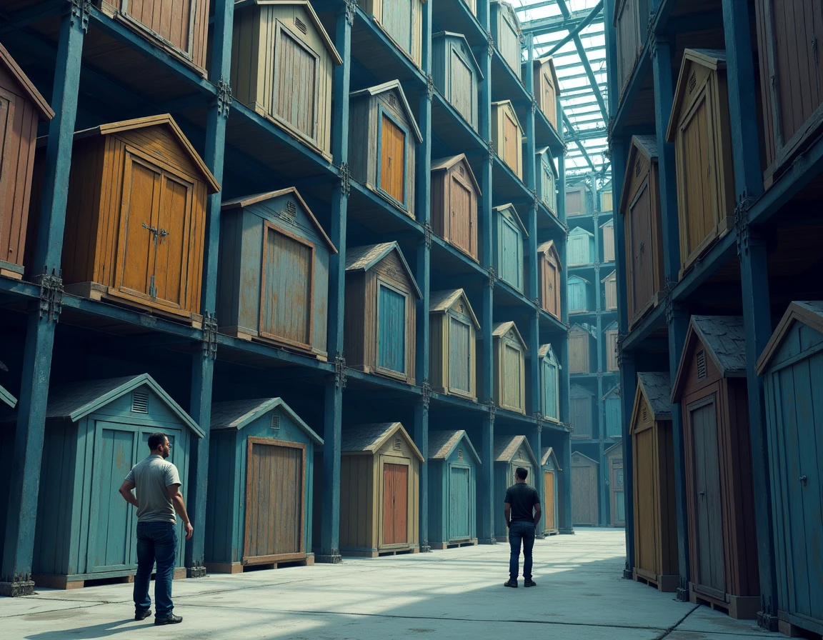 Two  wooden shed, with different species and types of wooden boards, stored on enormous metal shelves. One man points to one of the shelves and the other looks intently. The shed has no roof. The main colors in the image should include blues