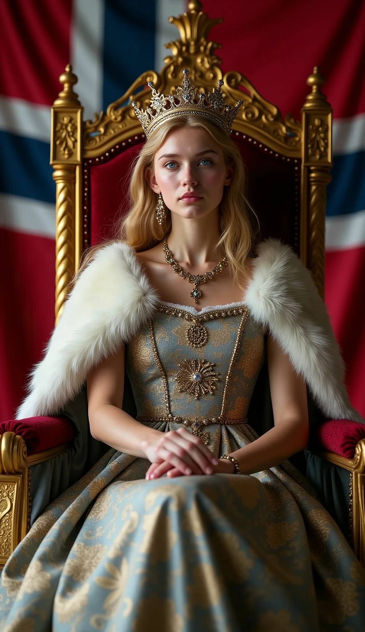 young and beautiful Norwegian queen。whole body。Sit on a throne、Wearing the crown、Holding a scepter and a jewel。Norwegian flag in the background