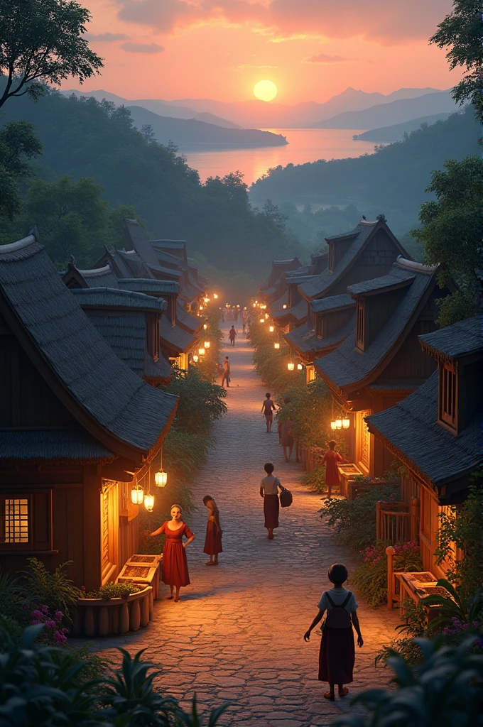 In Cinematic 3D animation style images"The village preparing for the night, unaware of the impending battle