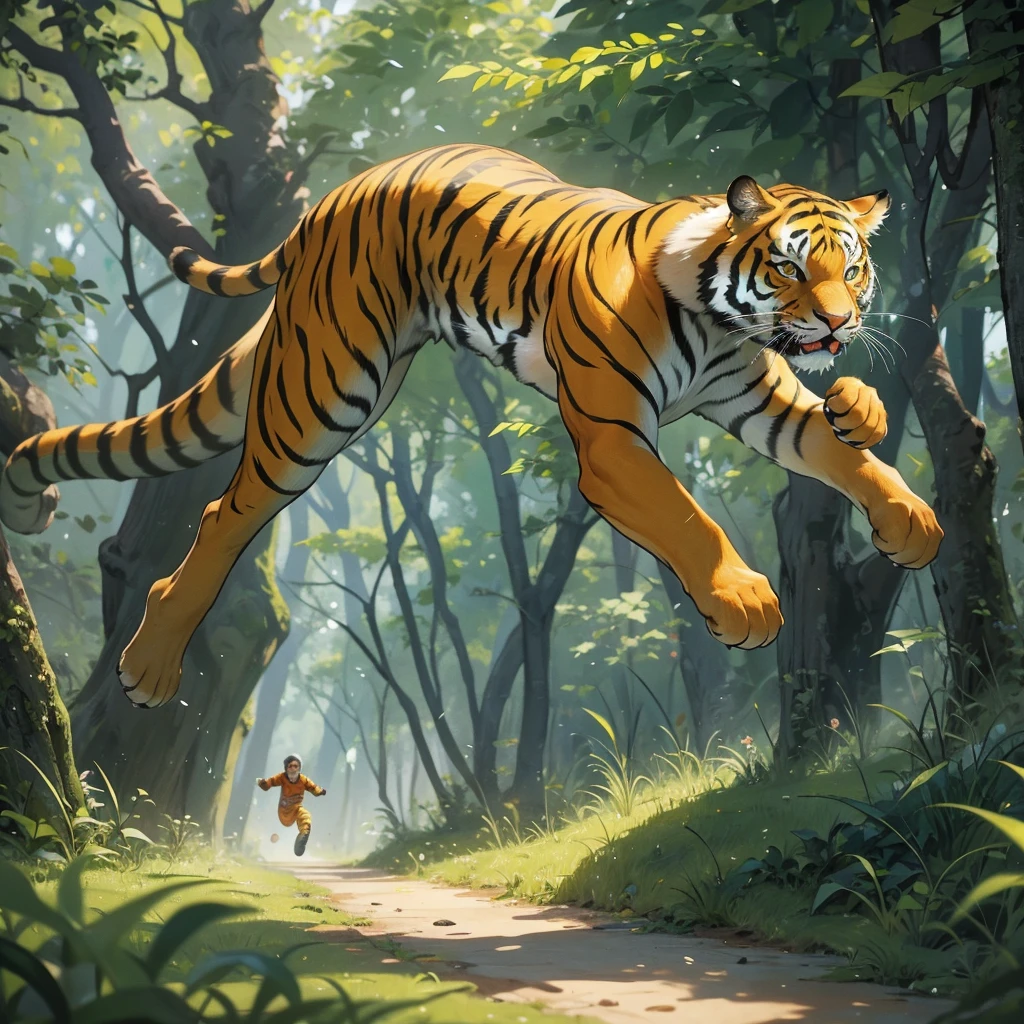 In the lush green forest, a man in a tracksuit is running fiercely. Not far from him, he is chasing a colorful tiger. And if he runs slower, he will die in the tiger's mouth.