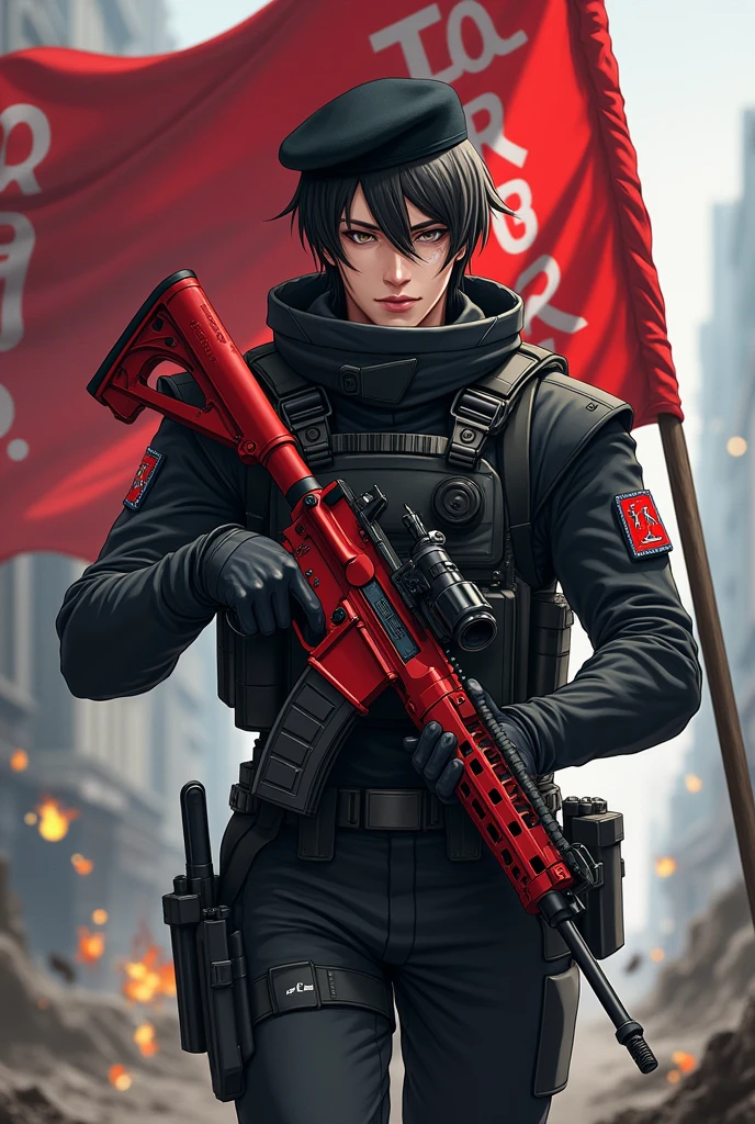 Anime style male soldier in black suit and a red M4 weapon in his hand and a flag in his hand that says BloodRodry