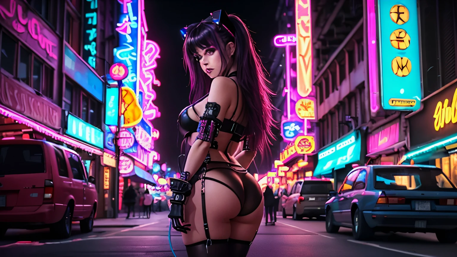 (tabletop, of the highest quality, best qualityer, offcial art, beautiful and aesthetic:1.2),(1 girl in:1.4),fully body,([Pink|cerulean] body hair:1.5),ighly detailed,(Fractal Art:1.3),(fullcolor:1.5),highest details,(Mechanical modification:1.3),(corrected:1.2),maiden,(A complex mechanical conduit is inserted into the rear:1.5),catheter,(neon background:1.4),(neon city:1.75),natta,breasts big,(hey goth_ta:1.2),high-heels,(:0.75),make-up,blush,(cyber punk:1.4),((Looking at Viewer:1.3)),((Looking back)),Sofia Bouella, rey, queimadura solar, Colossal tits, film nikon d850 photography 4 camera kodak portra 400 f1.6 rich lens colors, hyper-realistic texture, realistic texture, dramatic lighting, engine unreal, tendências no artstation cinestill 800,