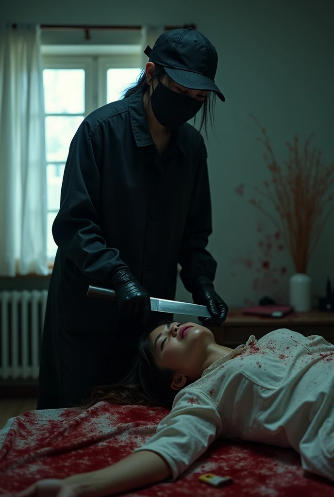 2 korean girls, (behind corpse, holding knife), black surgical mask, black gloves, room full of blood, black raincoat, trucker hat, holding knife, black gloves, woman on top, behind multiple corpse, blood splatter, bed room, mass murderer, killer, low pony tail, blood splatter, dark atmosphere, cinematic lighting, atmospheric realistic, light from the window, close-up,