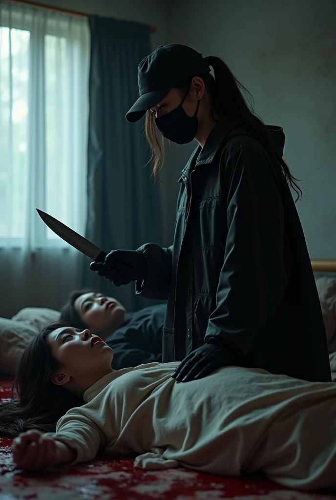 2 korean girls, (behind corpse, holding knife), black surgical mask, black gloves, room full of blood, black raincoat, trucker hat, holding knife, black gloves, woman on top, behind multiple corpse, blood splatter, bed room, mass murderer, killer, low pony tail, blood splatter, dark atmosphere, cinematic lighting, atmospheric realistic, light from the window, close-up,