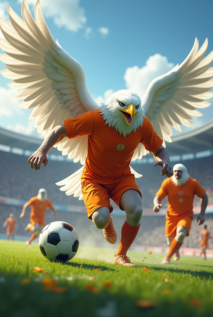 White eagle with human body, playing football, with orange uniform