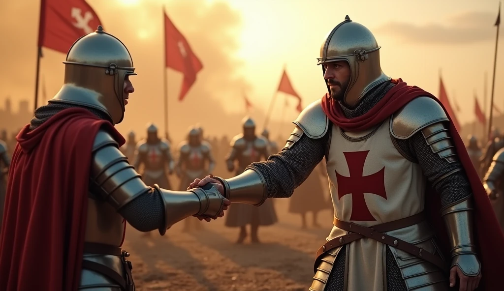 A highly realistic, high-contrast, 8K HD, detailed, hyper-detailed image of the Crusader knight from the provided image, grasping the hand of a fellow warrior as they prepare to fight together on the battlefield. The knight, clad in steel armor with a red cross on his tunic, reaches out to his comrade with a firm grip, symbolizing their unbreakable bond and shared resolve. The battlefield around them is chaotic, with dust, blood, and clashing steel filling the air, but the focus is on the powerful connection between these two warriors. The dramatic lighting highlights the strength and unity of the pair as they stand ready to face their enemies together. The image is of the highest quality, with ultra-high resolution, RAW photo quality, and Unreal Engine rendering, capturing the courage and solidarity of the Crusader knights as they prepare to fight side by side.