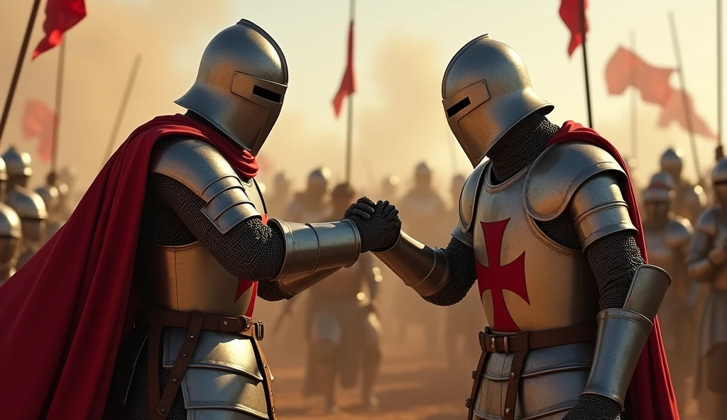 A highly realistic, high-contrast, 8K HD, detailed, hyper-detailed image of the Crusader knight from the provided image, grasping the hand of a fellow warrior as they prepare to fight together on the battlefield. The knight, clad in steel armor with a red cross on his tunic, reaches out to his comrade with a firm grip, symbolizing their unbreakable bond and shared resolve. The battlefield around them is chaotic, with dust, blood, and clashing steel filling the air, but the focus is on the powerful connection between these two warriors. The dramatic lighting highlights the strength and unity of the pair as they stand ready to face their enemies together. The image is of the highest quality, with ultra-high resolution, RAW photo quality, and Unreal Engine rendering, capturing the courage and solidarity of the Crusader knights as they prepare to fight side by side.