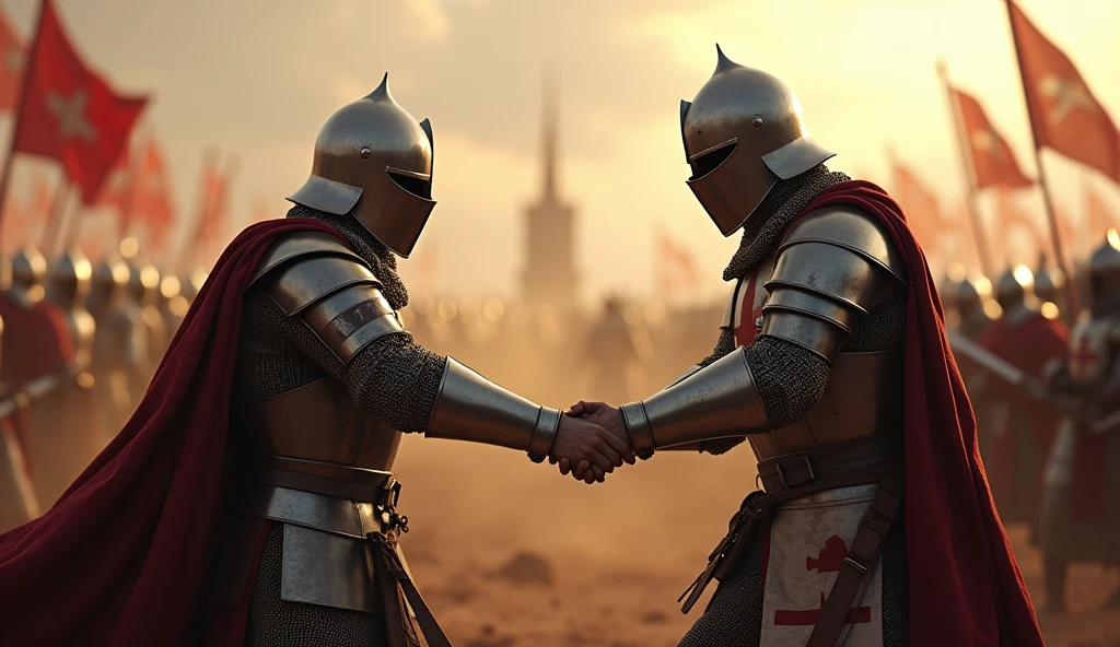 A highly realistic, high-contrast, 8K HD, detailed, hyper-detailed image of the Crusader knight from the provided image, grasping the hand of a fellow warrior as they prepare to fight together on the battlefield. The knight, clad in steel armor with a red cross on his tunic, reaches out to his comrade with a firm grip, symbolizing their unbreakable bond and shared resolve. The battlefield around them is chaotic, with dust, blood, and clashing steel filling the air, but the focus is on the powerful connection between these two warriors. The dramatic lighting highlights the strength and unity of the pair as they stand ready to face their enemies together. The image is of the highest quality, with ultra-high resolution, RAW photo quality, and Unreal Engine rendering, capturing the courage and solidarity of the Crusader knights as they prepare to fight side by side.