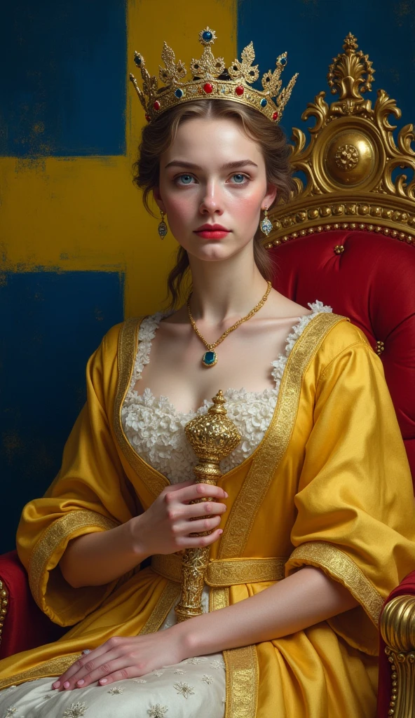 The young and beautiful Queen of Sweden。whole body。Sit on a throne、Wearing the crown、Holding a scepter and a jewel。Swedish flag background