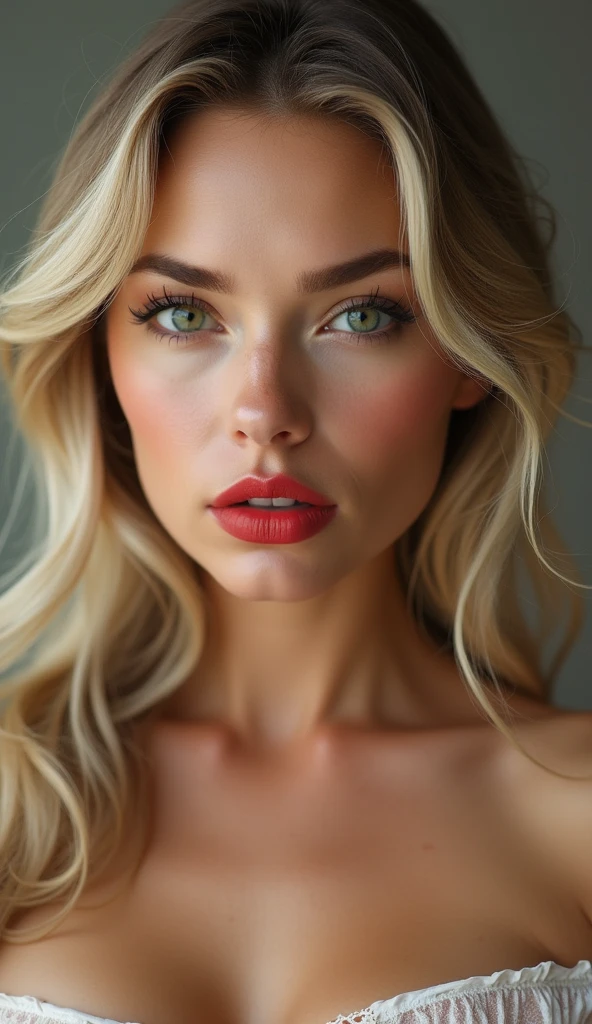 blonde hair big green eyes forehead is slightly arched, giving my face a distinctive shape. It flows seamlessly into my high, defined eyebrows. The bridge of my nose is straight and symmetrical, leading up to a pointed tip. My nostrils are small and delicate, adding character without being overwhelming. My cheekbones are prominent, highlighting my large, round eyes even further. My jawline is strong and defined, giving my face a masculine edge despite its feminine features. My neck is long and graceful, flowing effortlessly into my shoulders. Russian women big pumped lips red lipstick super big fake lips super size lips 45 Russian silicon face model, I have naturally developed some fine lines and wrinkles around my forehead. These imperfections only serve to make me appear more human and relatable. They give my face character and depth, contrasting beautifully against my otherwise flawless complexion. Despite these signs of wear, my overall appearance remains striking and irresistible. cleavage super glossy face Plus Size Elegant, I am completely nude, I have b cup breasts that are very firm and perky, my nipples are large and pink, my body is athletic with minimal body fat