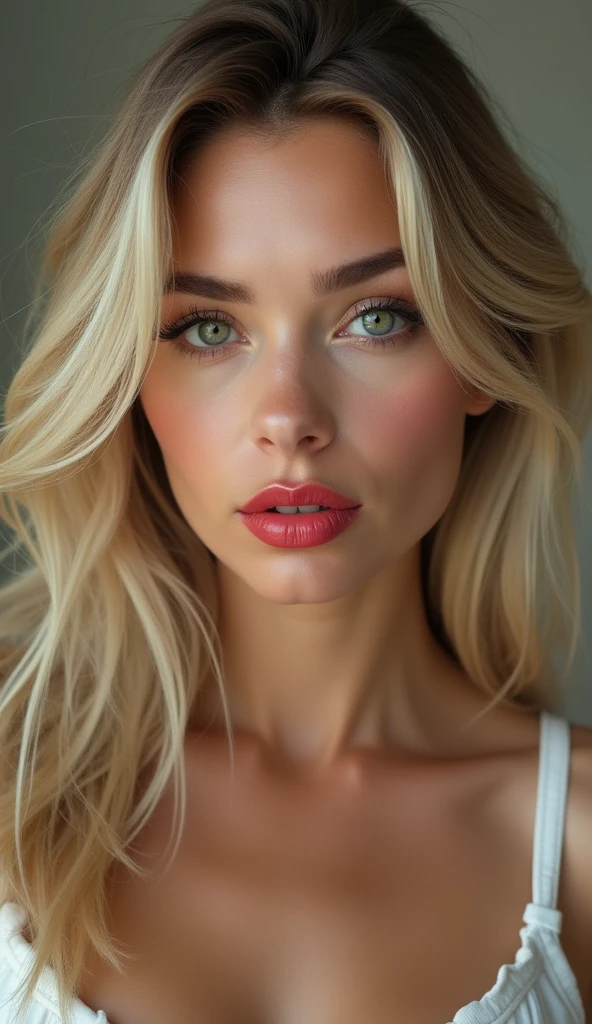 blonde hair big green eyes forehead is slightly arched, giving my face a distinctive shape. It flows seamlessly into my high, defined eyebrows. The bridge of my nose is straight and symmetrical, leading up to a pointed tip. My nostrils are small and delicate, adding character without being overwhelming. My cheekbones are prominent, highlighting my large, round eyes even further. My jawline is strong and defined, giving my face a masculine edge despite its feminine features. My neck is long and graceful, flowing effortlessly into my shoulders. Russian women big pumped lips red lipstick super big fake lips super size lips 45 Russian silicon face model, I have naturally developed some fine lines and wrinkles around my forehead. These imperfections only serve to make me appear more human and relatable. They give my face character and depth, contrasting beautifully against my otherwise flawless complexion. Despite these signs of wear, my overall appearance remains striking and irresistible. cleavage super glossy face Plus Size Elegant, I am completely nude, I have b cup breasts that are very firm and perky, my nipples are large and pink, my body is athletic with minimal body fat