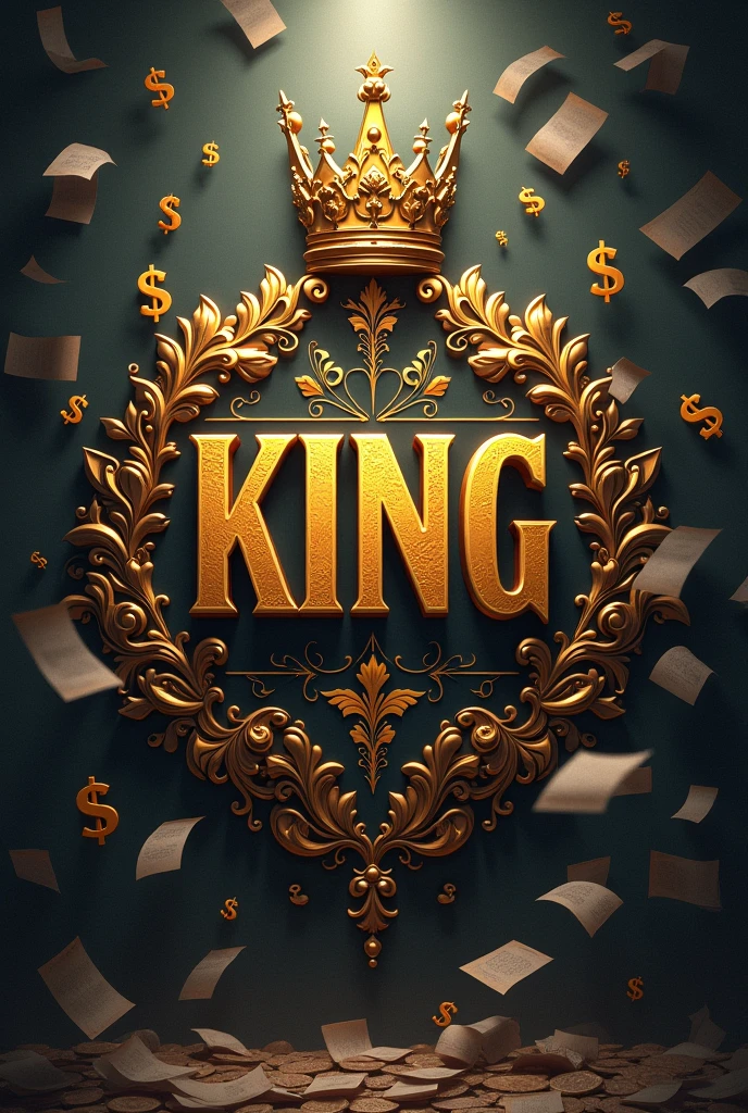 An image with the word 'king' in the middle, very detailed and with a crown above the word.,
With dollars around the image