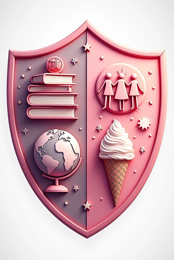 I need a shield that is my personal brand. The shield should contain some element that is used in school such as notebooks or books. It must also contain a globe. In addition to that, it must contain a family and a snow cone. Subtly incorporate the color pink. Try to make sure all the elements are inside the shield.