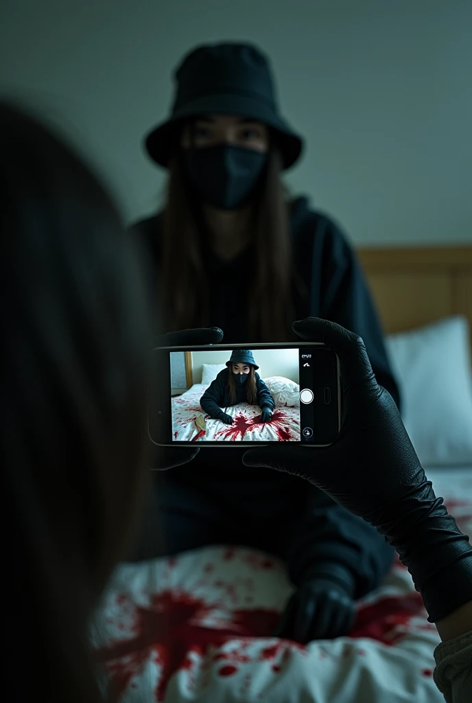korean girl, (behind corpse, smartphone), black surgical mask, black gloves, room full of blood, black raincoat, bucket hat, holding knife, black gloves, woman on top, looking at viewer, behind corpse, blood splatter, on the bed, night, mass murderer, killer, long bangs, blood splatter, dark atmosphere, cinematic lighting, atmospheric realistic, close-up, take a photo with her smartphone