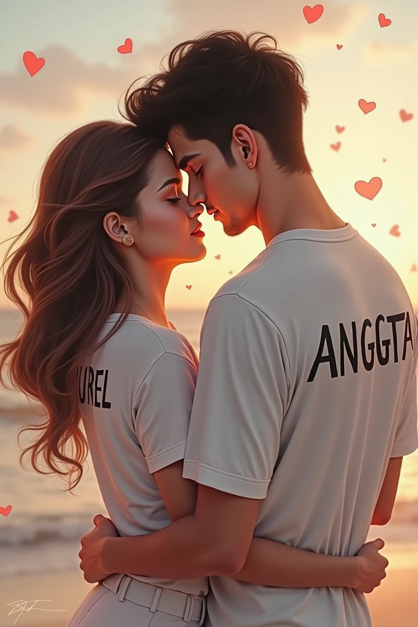 Lovers put their arms around each other's shoulders wearing white clothes , on tmen's shirt it says AUREL, on the women's shirt it says ANGGITA