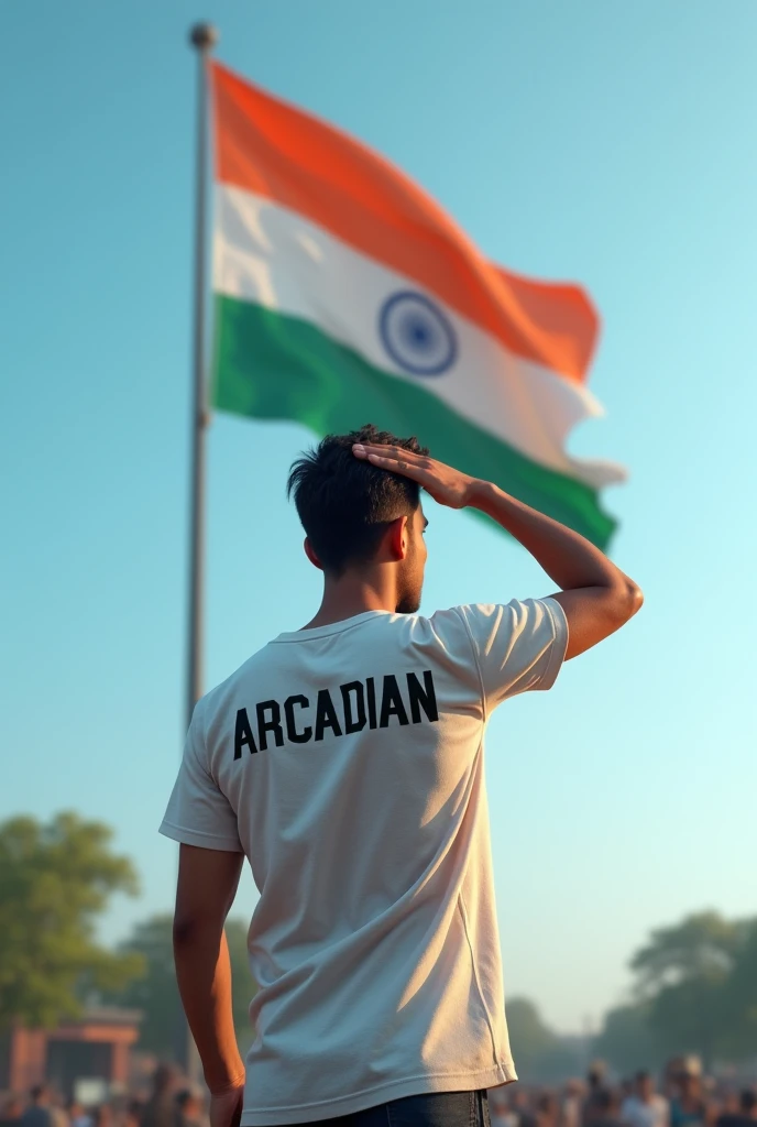 A young man saluting the Indian flag with a T shirt written ARCADIAN on his back