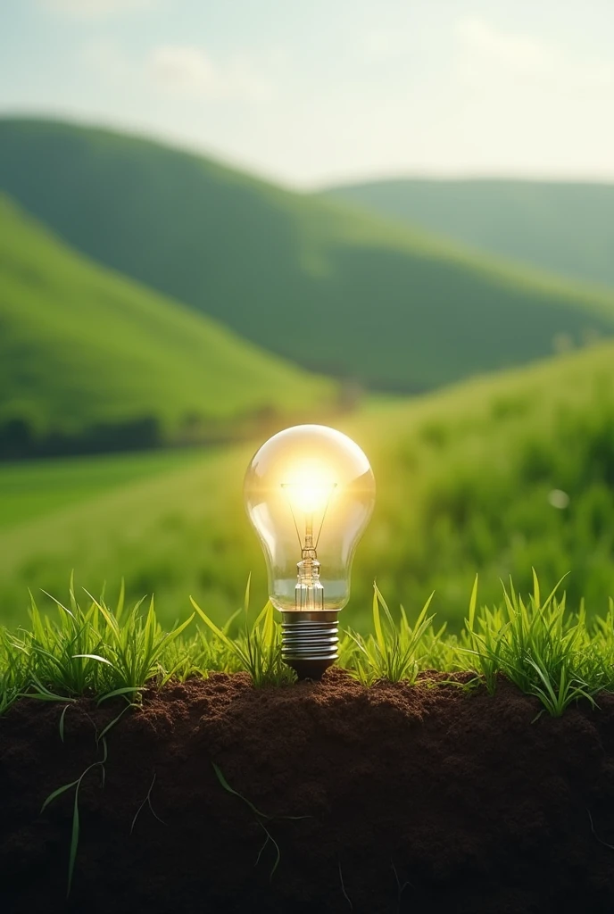 Draw a scene of generating electricity from soil using one lightbulb, showcasing the innovative aspect.。The scene should be in a field.