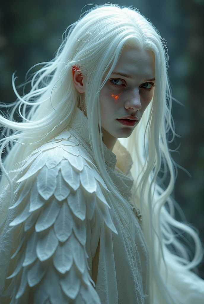 Handsome young albino man, sorcerer, crow like appearance, very long white hair made out of feathers, very pale skin, red albino eyes, long scar that looks like star on right eye, small scar under left eye on cheek