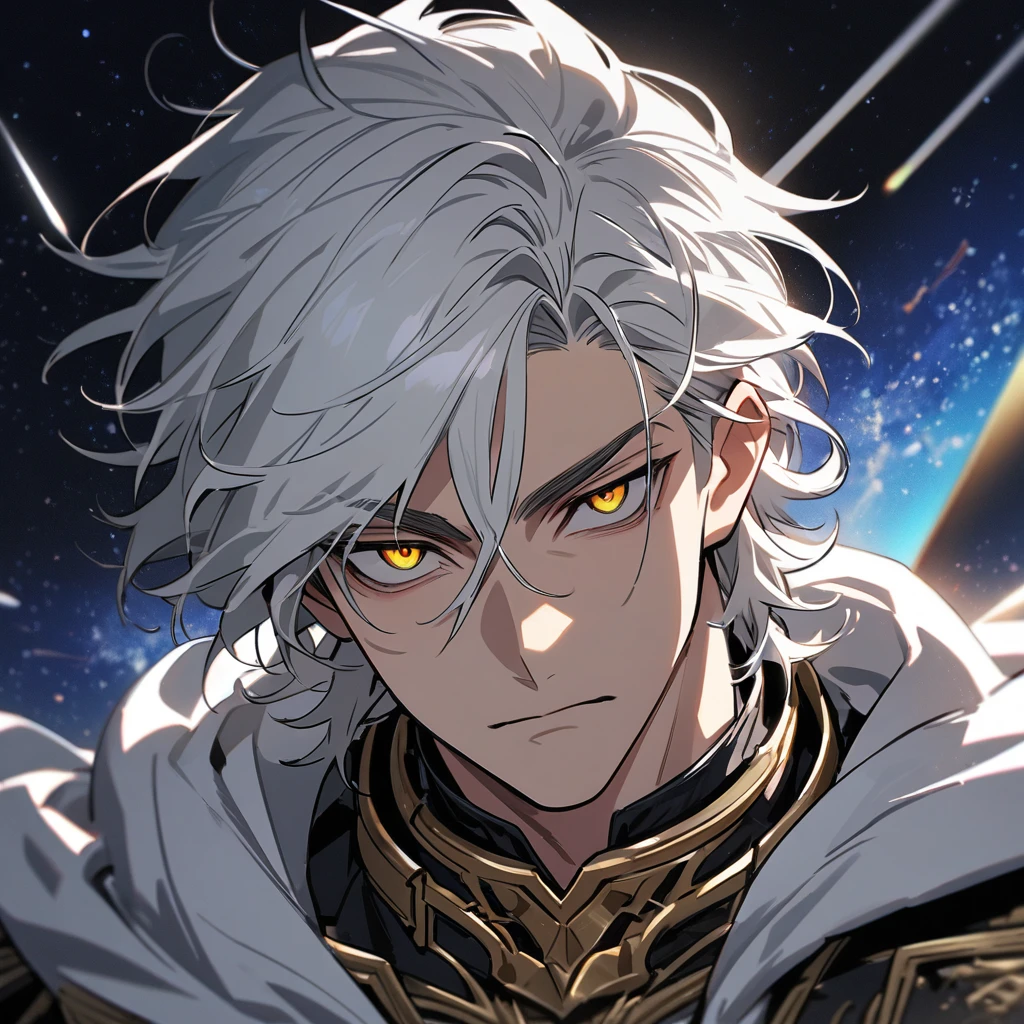 High quality, HD, 4k, no shadows, handsome male, 1male, , teenager, mature, mature looking, short white hair, silver hair, white hair, sharp eyes, deep gold colored eyes, dark golden colored eyes, deep gold eyes, gold eyes, devil may cry, close up, calm expression, stoic expression, black leather clothes, white leather clothing, lean body, well trained body, upper body, looking at viewer, cowboy shot, white solar, space background