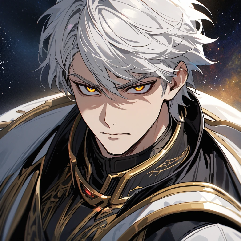 High quality, HD, 4k, no shadows, handsome male, 1male, , teenager, mature, mature looking, short white hair, silver hair, white hair, sharp eyes, deep gold colored eyes, dark golden colored eyes, deep gold eyes, gold eyes, devil may cry, close up, calm expression, stoic expression, black leather clothes, white leather clothing, lean body, well trained body, upper body, looking at viewer, cowboy shot, white solar, space background