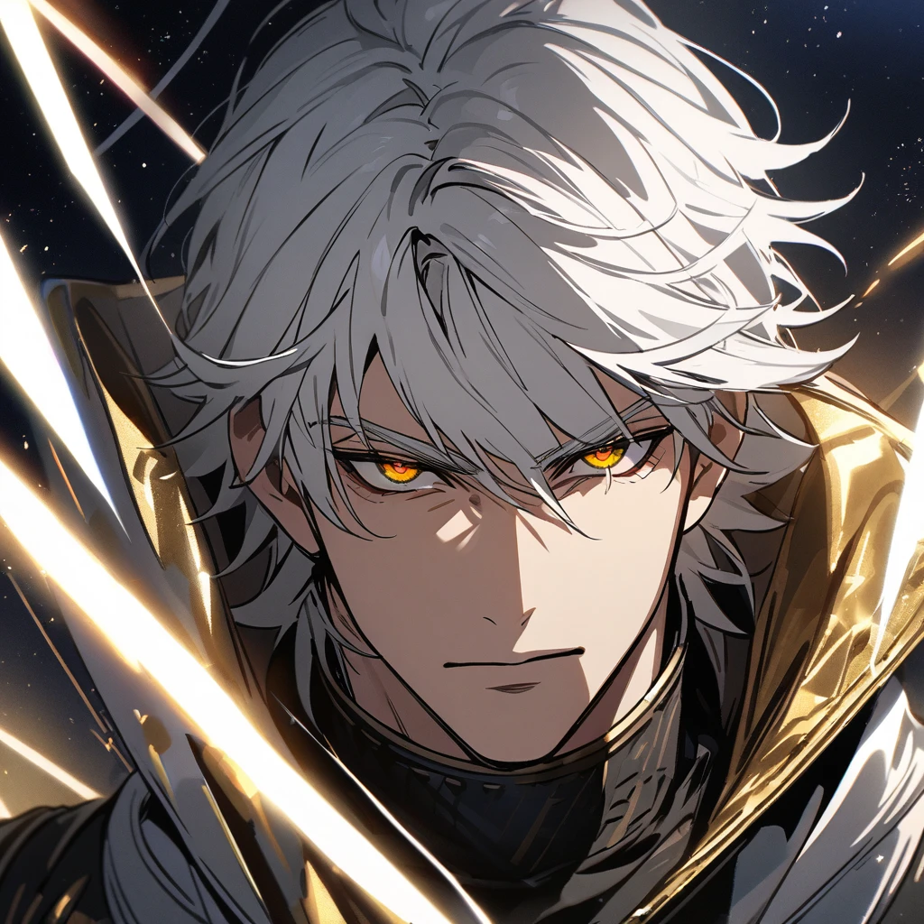 High quality, HD, 4k, no shadows, handsome male, 1male, , teenager, mature, mature looking, short white hair, silver hair, white hair, sharp eyes, deep gold colored eyes, dark golden colored eyes, deep gold eyes, gold eyes, devil may cry, close up, calm expression, stoic expression, black leather clothes, white leather clothing, lean body, well trained body, upper body, looking at viewer, cowboy shot, white solar, space background