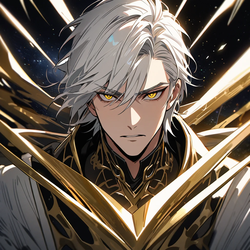 High quality, HD, 4k, no shadows, handsome male, 1male, , teenager, mature, mature looking, short white hair, silver hair, white hair, sharp eyes, deep gold colored eyes, dark golden colored eyes, deep gold eyes, gold eyes, devil may cry, close up, calm expression, stoic expression, black leather clothes, white leather clothing, lean body, well trained body, upper body, looking at viewer, cowboy shot, white solar, space background
