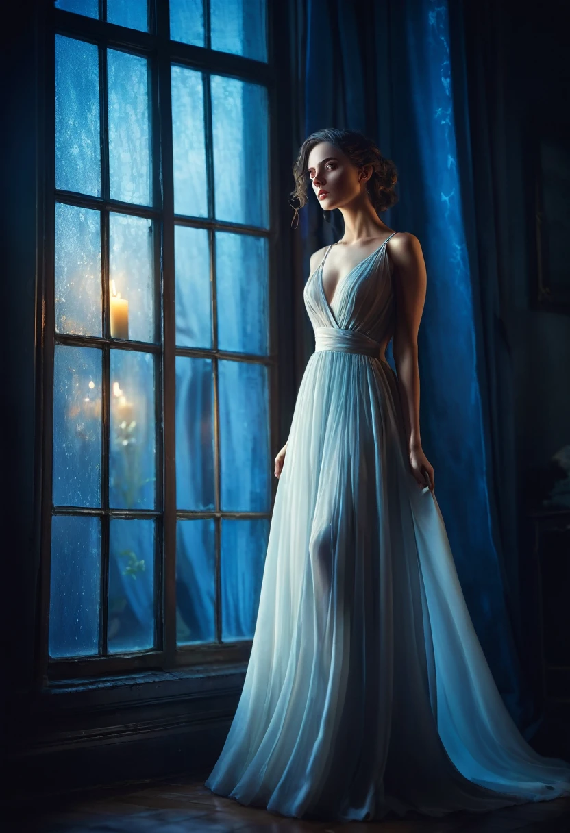 arafed woman in a dress standing in front of a window, a picture by Marie Bashkirtseff, shutterstock, romanticism, half-turned lady in evening gown, flowing gown, wearing a flowing dress, mysterious woman, haunting beautiful young woman, wearing a white flowing dress, flowing dress, woman in dress, extremely moody blue lighting, miss aniela
