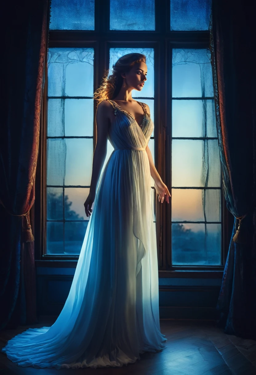 arafed woman in a dress standing in front of a window, a picture by Marie Bashkirtseff, shutterstock, romanticism, half-turned lady in evening gown, flowing gown, wearing a flowing dress, mysterious woman, haunting beautiful young woman, wearing a white flowing dress, flowing dress, woman in dress, extremely moody blue lighting, miss aniela
