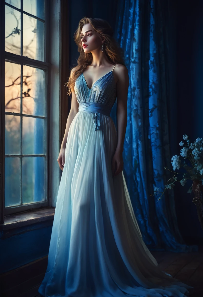 arafed woman in a dress standing in front of a window, a picture by Marie Bashkirtseff, shutterstock, romanticism, half-turned lady in evening gown, flowing gown, wearing a flowing dress, mysterious woman, haunting beautiful young woman, wearing a white flowing dress, flowing dress, woman in dress, extremely moody blue lighting, miss aniela
