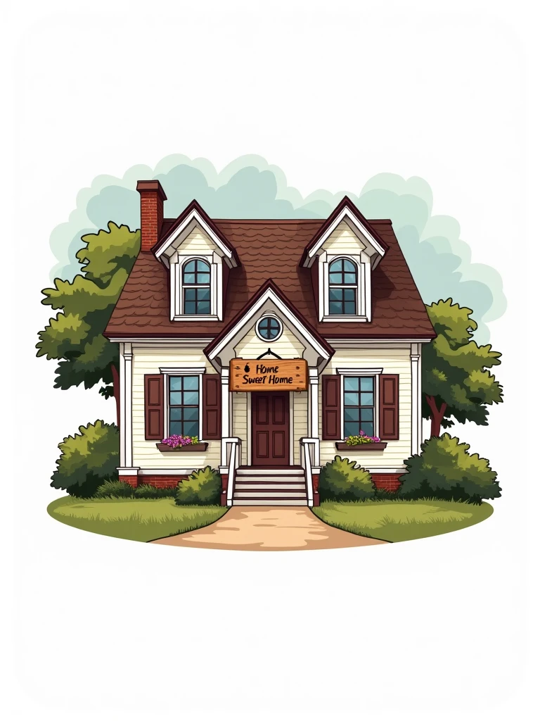 Create a logo with a classic colonial architecture style. In the center, feature a lilac and brown house with a sign that reads 'Home Sweet Home'. The design should be highly detailed and reflect traditional colonial architecture. Use a plain white background with no additional elements, and ensure the house is perfectly cut out for use as a product label, conveying a 'colonial architecture' vibe."