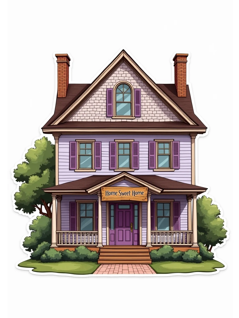 Create a logo with a classic colonial architecture style. In the center, feature a lilac and brown house with a sign that reads 'Home Sweet Home'. The design should be highly detailed and reflect traditional colonial architecture. Use a plain white background with no additional elements, and ensure the house is perfectly cut out for use as a product label, conveying a 'colonial architecture' vibe."