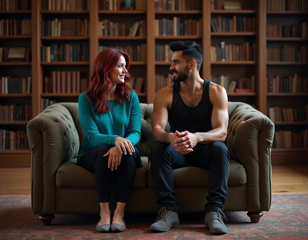 170 cm tall, 24-year-old woman with very pale skin, vibrant maroon wavy medium-length layered hair, parted to the side, fit figure, long turquoise top, black pants and grey flats with a tentative expression sits next to a far taller 209 cm tall, 29-year-old muscular attractive man with black short layered swept back wavy crew cut hair, short black facial hair, shirtless, Mediterranean-Native American features, black t-shirt and black cargo pants kind smile expression, sitting on a comfortable love seat inside a huge empty dark wood library. Photorealistic, cinematic.