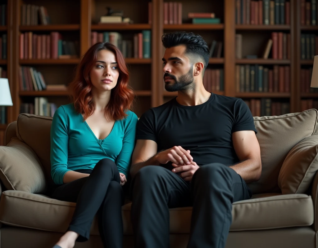 170 cm tall, 24-year-old woman with very pale skin, vibrant maroon wavy medium-length layered hair, parted to the side, fit figure, long turquoise top, black pants and grey flats with a tentative expression sits next to a far taller 209 cm tall, 29-year-old muscular attractive man with black short layered swept back wavy crew cut hair, short black facial hair, shirtless, Mediterranean-Native American features, black t-shirt and black cargo pants kind smile expression, sitting on a comfortable love seat inside a huge empty dark wood library. Photorealistic, cinematic.