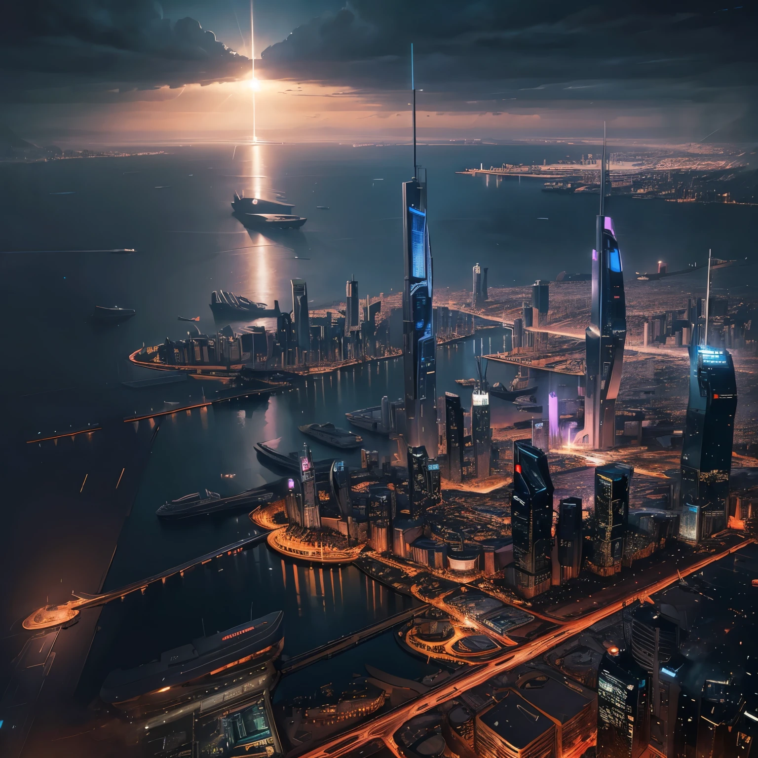 Night view from the airplane,Future City:1.3,port,Airport,Artistic skyscrapers,masterpiece,Highest quality,Ultra-high resolution,Very detailed,8k,reality,Best aesthetics,beautiful
